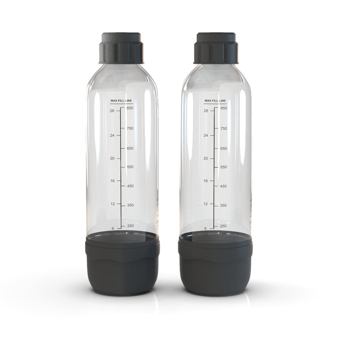 Two clear plastic bottles with black caps and bases, each marked with a vertical measurement scale up to 850 ml.