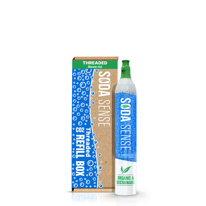 A threaded Soda Sense CO2 refill canister stands next to a cardboard refill box.