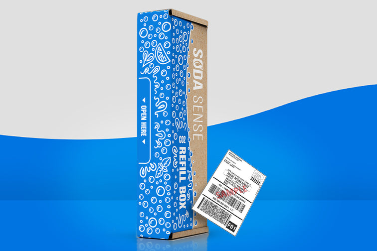Image of a Soda Sense Refill Box, set against a gray and blue wave background.