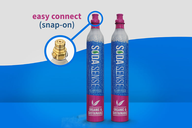 Image of Soda Sense Easy Connect CO2 canisters, set against a gray and blue wave background.