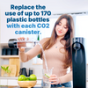 A person uses a Soda Sense soda maker to carbonate water in a modern kitchen. Text on the image reads,