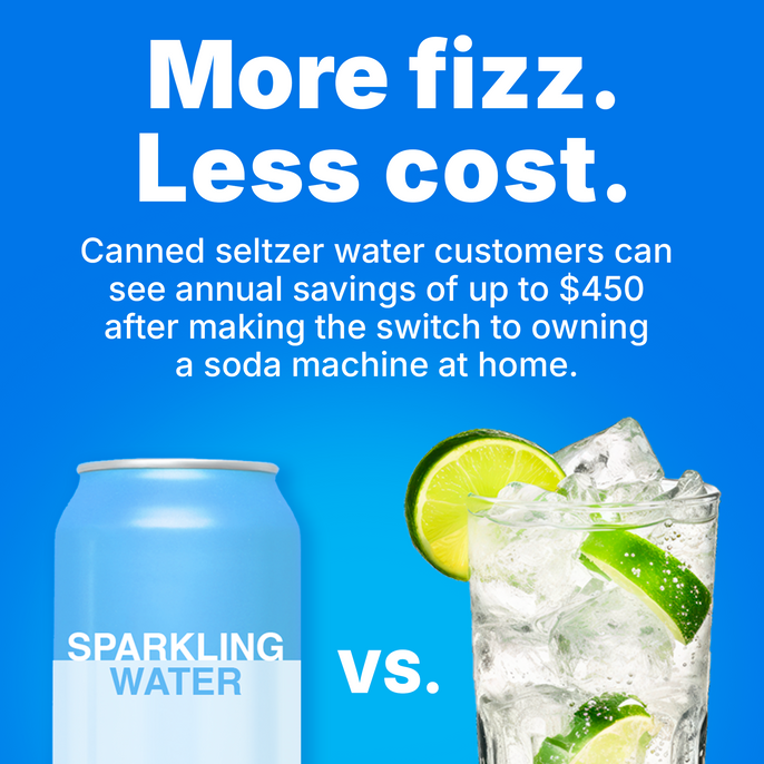 Image comparing canned sparkling water with homemade soda. Bold text at the top reads “More fizz. Less cost.” Below, smaller text says, “Canned seltzer water customers can see annual savings of up to $450 after making the switch to owning a soda machine at home.” The left side shows a blue can labeled “Sparkling Water”; the right side shows a glass of sparkling water with ice and lime slices. The word “vs.” is placed between the can and the glass. The background is bright blue.