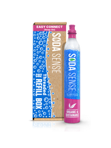A easy connect Soda Sense CO2 refill canister stands next to a cardboard refill box.