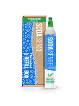 A threaded Soda Sense CO2 refill canister stands next to a cardboard refill box.
