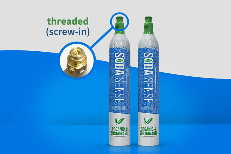 Image of Soda Sense Threaded CO2 canisters, set against a gray and blue wave background.