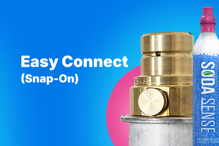 Two Soda Sense CO2 canisters with a close-up of the threaded screw-in top, compatible with threaded soda maker machines.