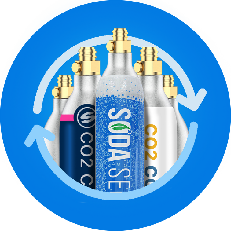 A Soda Sense refill box with two Sodastream CO2 canisters, showcasing the compatibility of the refill service with different brands.