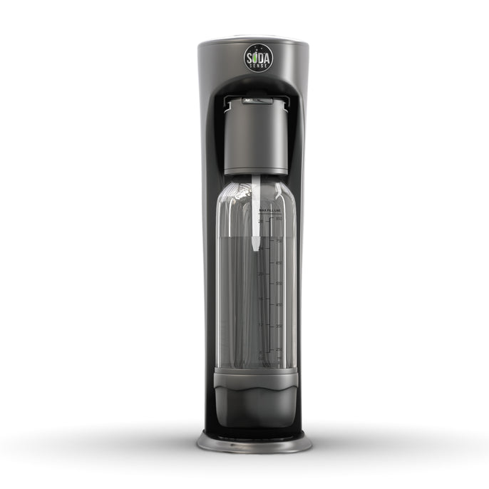 A black and gray Sensei Sparkling Water Maker featuring a sleek black lid.