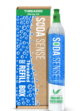 A threaded Soda Sense CO2 refill canister stands next to a cardboard refill box.