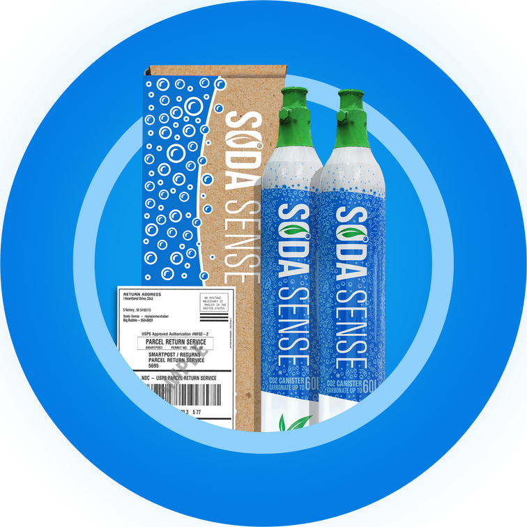 Two Soda Sense CO2 canisters with a close-up of the threaded screw-in top, compatible with threaded soda maker machines.